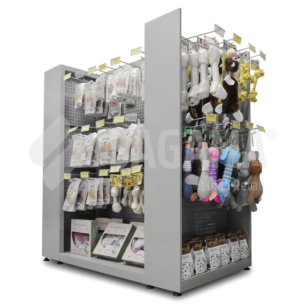 G&oacute;ndola con repisa y ganchos para petshops