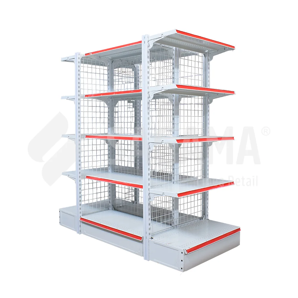 Vista lateral de g&oacute;ndola met&aacute;lica de malla para tiendas retail