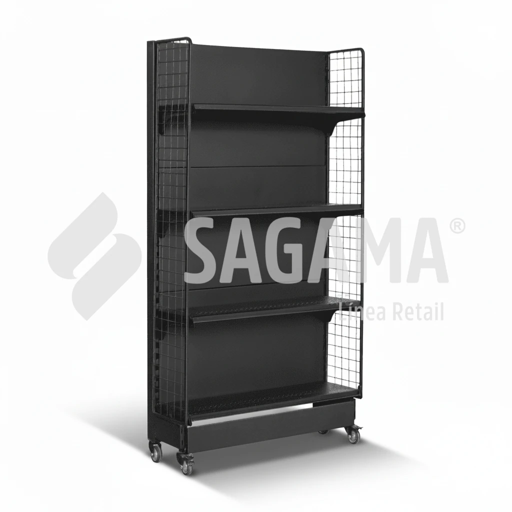 G&oacute;ndola met&aacute;lica de malla para tiendas retail Sagama Retail