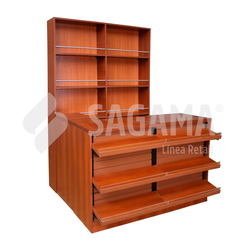 Mueble para caja de cobro rojizo
