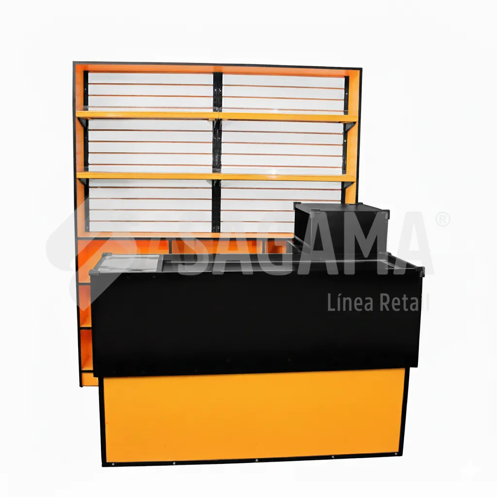 Mueble para caja de cobro negro y naranja