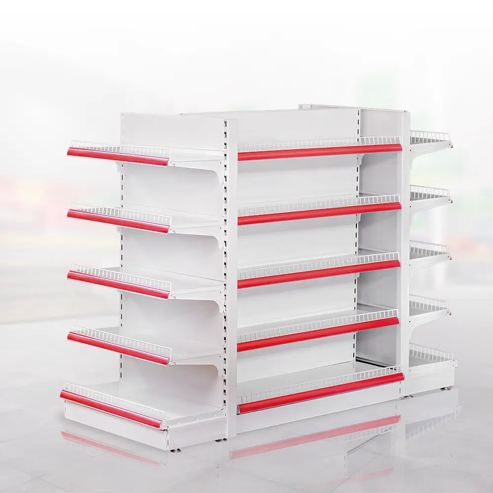 G&oacute;ndola met&aacute;lica central completa con bandejas para exhibici&oacute;n